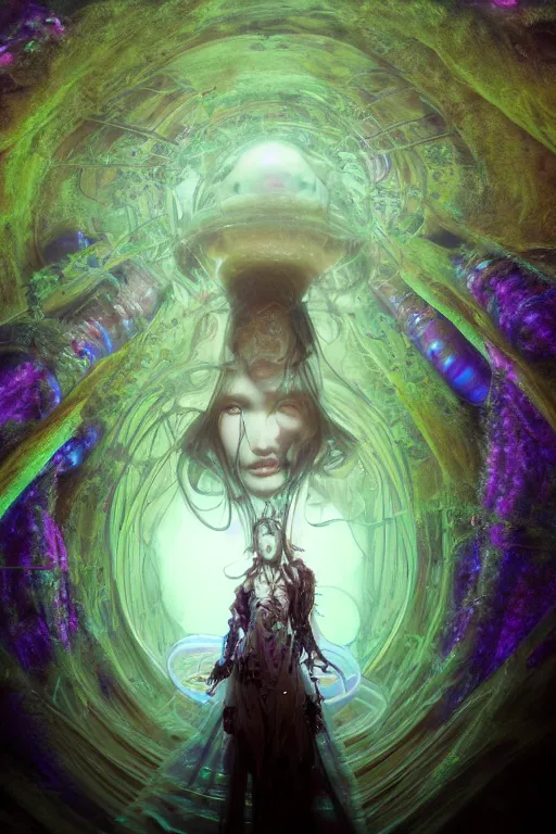 Image similar to A Weirdcore Mesmerizing 8k hyperrealistic Photo Portrait of The Biomechanic Empress Queen of Cosmic Creation, floating in forgotten Sentient iridescent mycelum solarpunk cathedral, Surrounded by Mist By Ayami Kojima, Daytoner, Greg Tocchini, James Jean,Yoshitaka Amano. Subsurface scattering. Octane Render.