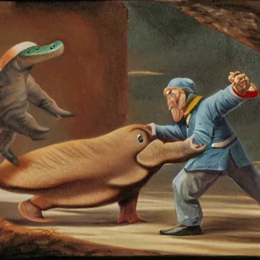 Prompt: A pharmacist fighting a platypus.