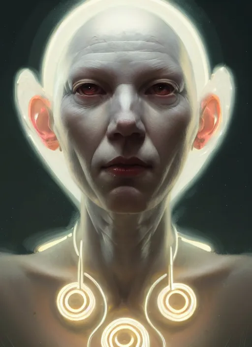 Image similar to portrait of an albino bald sick oracle, ancient oracle, intricate, elegant, glowing lights, highly detailed, digital painting, artstation, concept art, smooth, sharp focus, art by wlop, mars ravelo and greg rutkowski