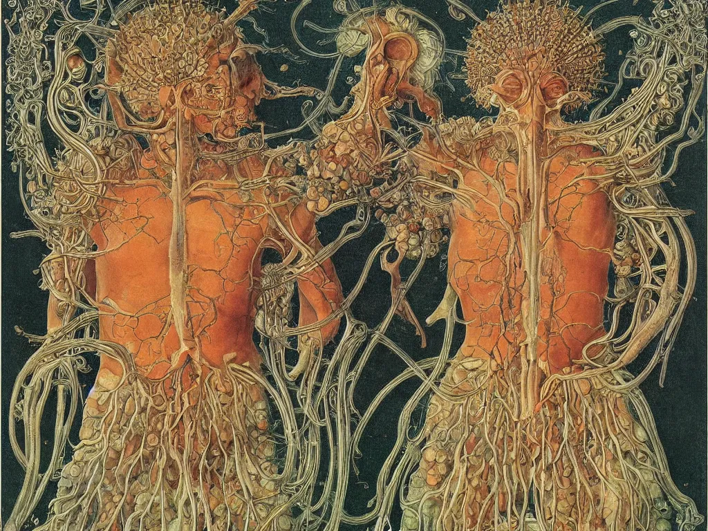 Image similar to Gods of the lungs. Painting by Lucas Cranach, Moebius, Ernst Haeckel