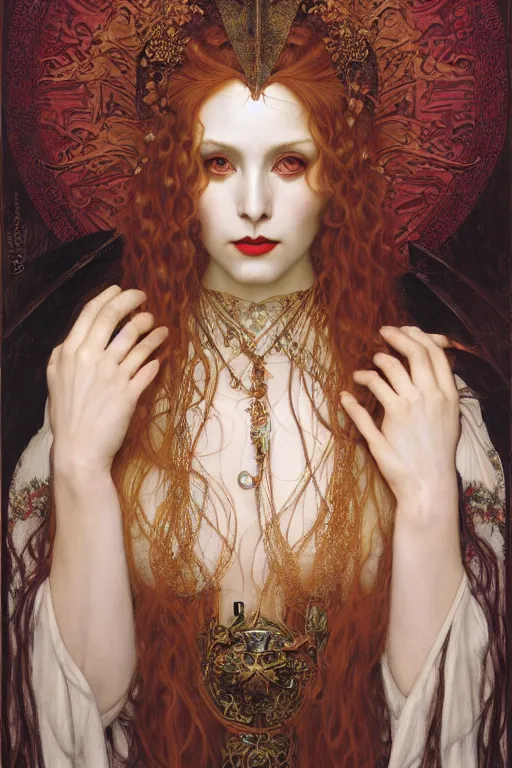 Image similar to masterpiece painting of beautiful vampire queen by donato giancola, remedios varo and tom bagshaw, face by artgerm and edmund leighton, alphonse mucha, background by james jean and gustav klimt, 8 k, horror, majestic, volumetric lighting, porcelain skin, french nouveau, trending on pixiv