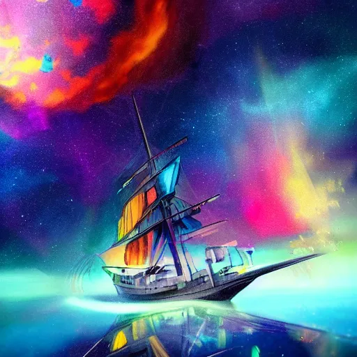 Prompt: a ship floating in colorful cosmos, award-winning drawing, artstation, octane, insane detail