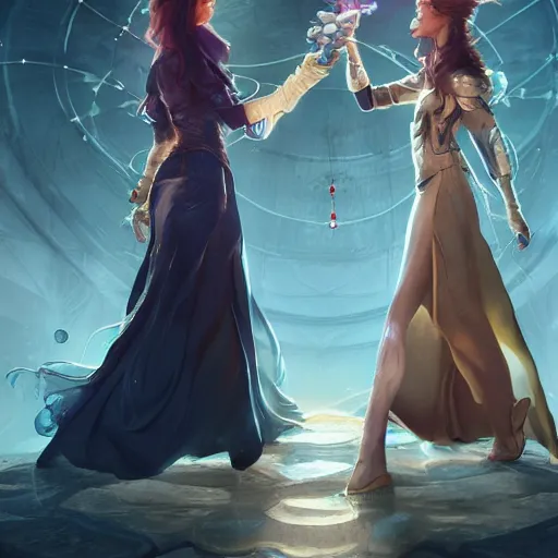 Prompt: a female scientist and a sorceress meet at a rift between dimensions, made by stanley artgerm lau, wlop, rossdraws, artstation, cgsociety, concept art, cgsociety, octane render, trending on artstation, artstationhd, artstationhq, unreal engine, 4 k, 8 k,