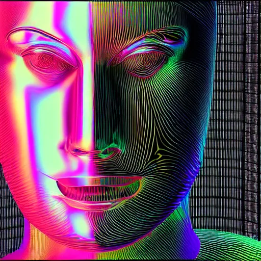 Prompt: topographic lines create a 3d render of holographic human robotic head made of glossy iridescent, surrealistic 3d illustration of a human face non-binary, non binary model, 3d model human, cryengine, made of holographic texture, holographic material, holographic rainbow, concept of cyborg and artificial intelligence, topographic lines