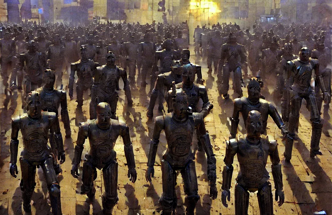 Image similar to march of the cybermen, detailed painting, epic lighting, by ilya repin, phil hale and kent williams