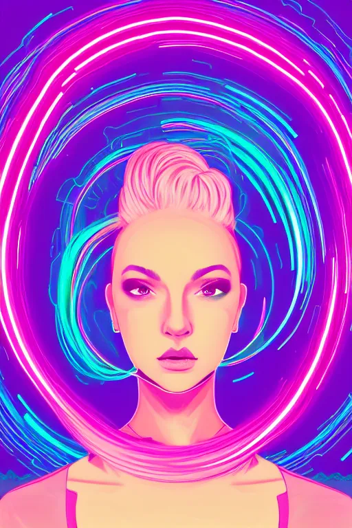 Image similar to a award winning half body portrait of a beautiful woman in a croptop and cargo pants with ombre purple pink teal hairstyle surrounded by whirling illuminated lines, outrun, vaporware, shaded flat illustration, digital art, trending on artstation, highly detailed, fine detail, intricate