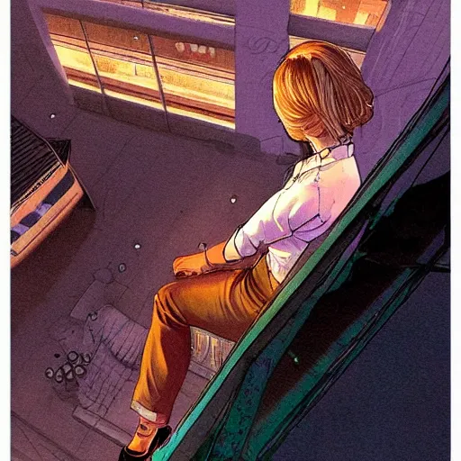Image similar to a beautiful artwork of a woman in jeans and a white shirt sitting on the balcony of a hotel at night, top view, neon and rainy theme atmosphere by Jerome Opeña, featured on artstation