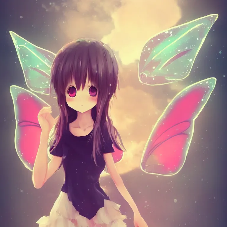 Image similar to cute, full body, female, anime style, a dog girl with fairy wings, large eyes, beautiful lighting, sharp focus, simple background, creative, heart effects, filters applied, illustration, trending on artstation