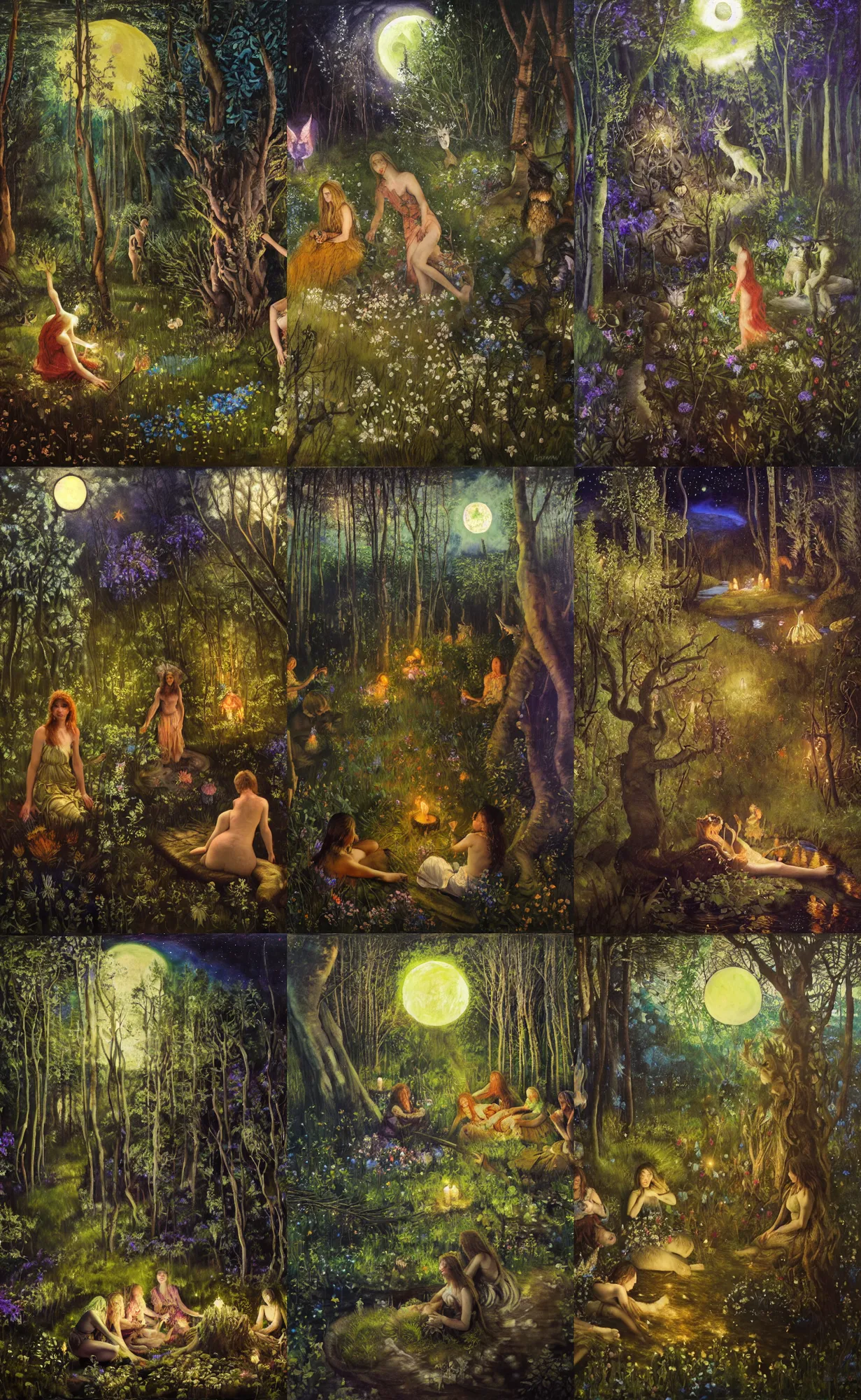 Prompt: painterly dreamy Kupala Night in the forest with trees, flowers, glowing owls, deers, women, lianas, thistles, fantasy creatures, a stream and sky with moon and stars by Mikhail Vrubel, dark fantasy, witcher, very detailed oil painting in the alla prima style, masterpiece, 8k