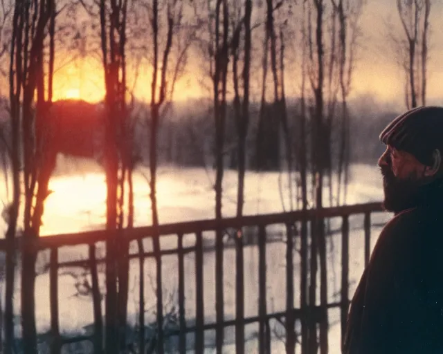 Image similar to lomographic tarkovsky film still of 4 0 years russian man with beard and sweater standing on small hrushevka 9 th floor balcony full with cigarette smoke in winter taiga looking at sunset, cinestill, bokeh