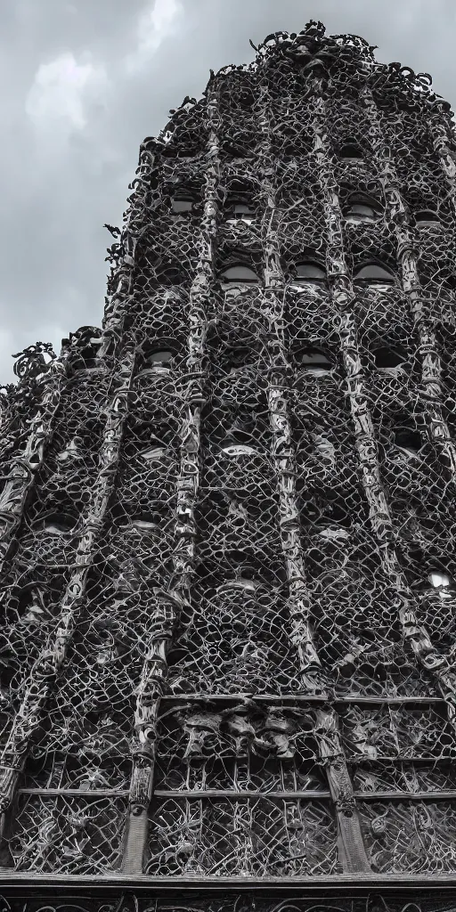 Prompt: a professional photograph of a beautiful modern building by Louis Sullivan and H.R. Giger covered in black ironwork vines, rusticated stone base, rusticated stone base, rusticated stone base, a dramatic sky, crowds of people, a dramatic sky, crowds of people , Sigma 75mm, ornate, very detailed, hyperrealistic, liminalspaces, Symmetrical composition, centered, intricate, panoramic, Dynamic Range, HDR, chromatic aberration, Orton effect, 8k render, photo by Marc Adamus, painting by Jeremy Mann, cinematic, cgsociety, vignette, vignette tilt-shift, bokeh , artstation