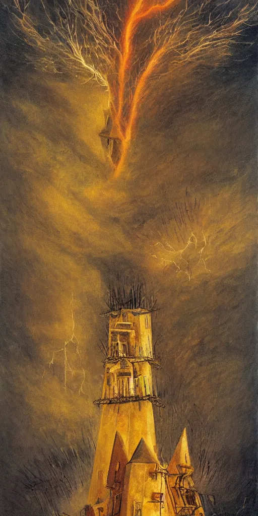 Prompt: a painting of a tower being struck by lightning in the style of remedios varo