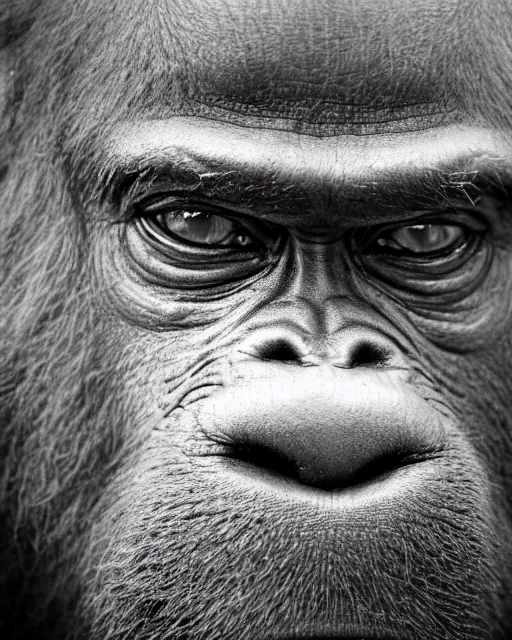 Prompt: a portrait photograph of Emmanuel Macron as a great ape, DSLR photography