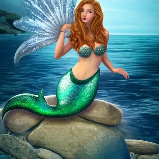 Image similar to fantasy mermaid on a rock with a wave behind her, beautiful, full body, realistic, face