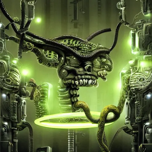 Image similar to the upper torso of a terminator gorgon medusa with borg implants and robotic snakes coming out of her head is hanging from cables and wires off the ceiling of a lab. Tiny green led lights in her cybernetics. She is bolding a cup of coffee. very detailed 8k. Art by nekro. Horror style.