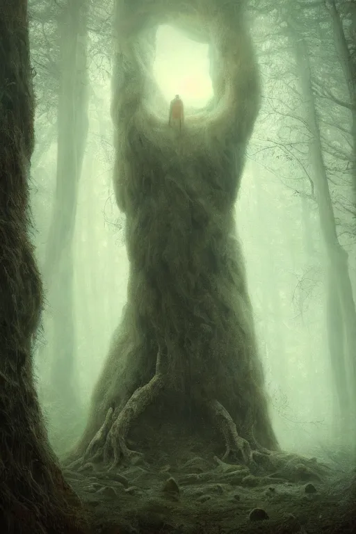 Prompt: a giant humanoid mythical monster looming over a tiny human in a winter forest at dawn, ethereal fantasy, blooodborne, artstation, agostino arrivabene