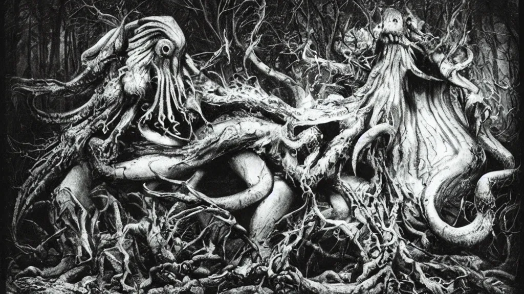 Prompt: An epic beautiful photo of an ancient terrifying Cthulhu in dark forest, consuming and eating and destroying a futuristic. by Diane Arbus and Louis Daguerre. highly detailed.