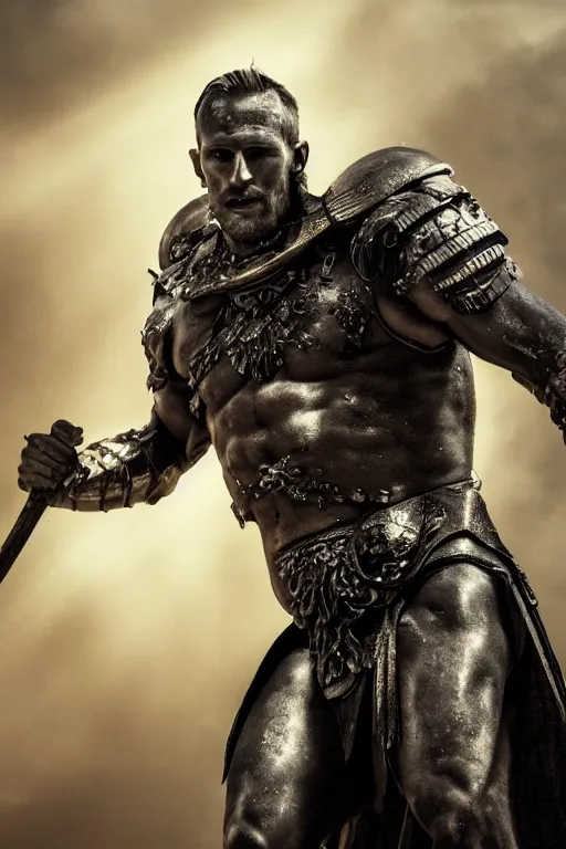 Prompt: photo of upper body of a heavily armoured hulking herculean chiseled alexander skarsgard as a humanoid deity, clothed in silk, heavily armoured, fantasy barbarian, sunrays, cinematic lighting, photorealistic, octane render, 8 k, depth of field, 3 d by titian
