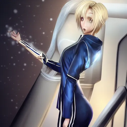 Image similar to aristocratic platinum - blonde - haired long bob cut blue - eyed princess wearing white leggings and black jacket, standing next to communist monument, anime, hd anime wallpaper, hyperrealistic lighting, drawn by artgerm