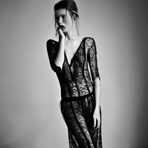 Image similar to sheer dress with plunging neckline and lace sleeves. award-winning fashion photography. intimate and vulnerable lighting. 130mm bw photography.