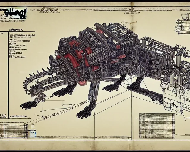 Image similar to a full page of a mechanical blueprint showing a cutaway design for a mechanized six legged wolf from howl's moving castle ( 2 0 0 4 ), with a big head, muted colors, post grunge, studio ghibli, hq,