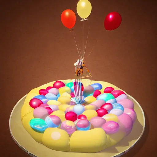 Prompt: a giant floating cake and plenty of floating birthday balloons. digital art, highly - detailed, sharp focus, artstation cgsociety masterpiece