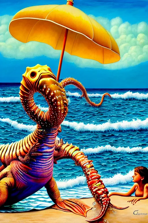 Image similar to a hyperrealistic painting of a sea creature monster washing up on the beach while people are laying on towels with umbrellas, cinematic horror by chris cunningham, lisa frank, richard corben, highly detailed, vivid color,