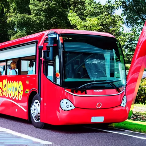 Prompt: an electric bus designed to make children happy, painted red, clean lines friendly features, happy, photograph award winning