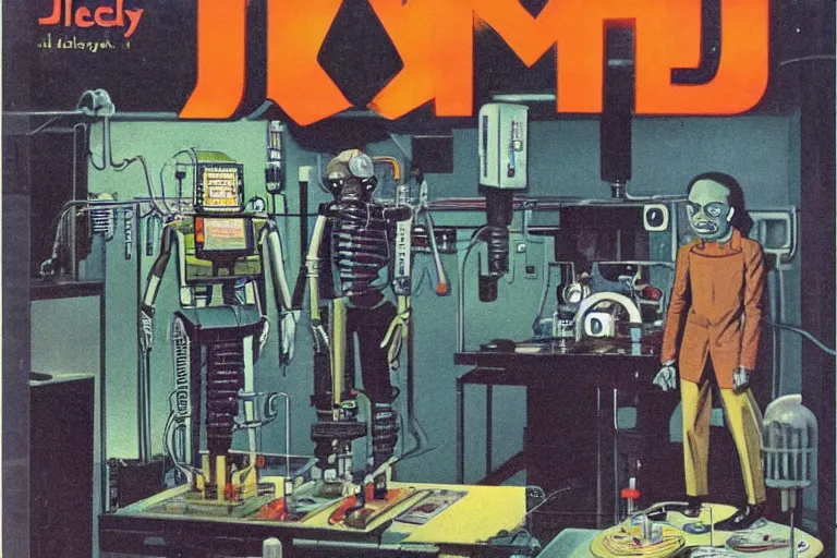 Prompt: 1979 OMNI Magazine Cover depicting Dr Jeckyll and an evil robotic Mr Hyde standing in a laboratory. Cyberpunk Akira style by Vincent Di Fate
