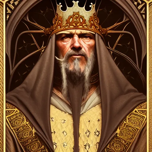 Prompt: portrait of a medieval old king, intricate, elegant, highly detailed, digital painting, artstation, concept art, smooth, sharp focus, illustration, art by artgerm and greg rutkowski and alphonse mucha, 8 k