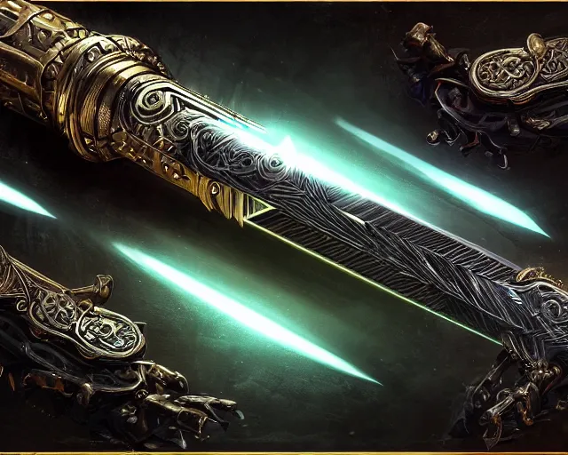 Prompt: legendary sword of cybernetic technology on a glowing table, digital award winning hd matte painting, intimate dark moody, intricate, long sharp black and iridescent blade, ornate spikes, colorful hilt, detailed realistic, raytraced blade, colored gems, golden pommel, in the style of greg rutkowski and krenz cushart, trending on artstation and deviantart