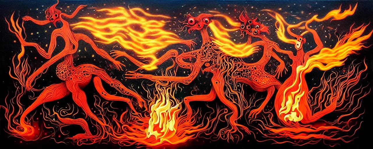 Image similar to whimsical fiery alchemical creatures, surreal dark uncanny mixed media painting by ronny khalil