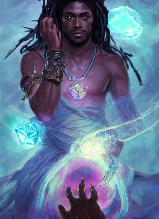 Image similar to handsome black man casting magical spells with powerful crystals, beaded dreadlocks and kemetic imagery, digital painting artstation, concept art, matte, sharp focus, illustration, dramatic exploding nebulae, hearthstone, art by artgerm and greg rutkowski and alphonse mucha