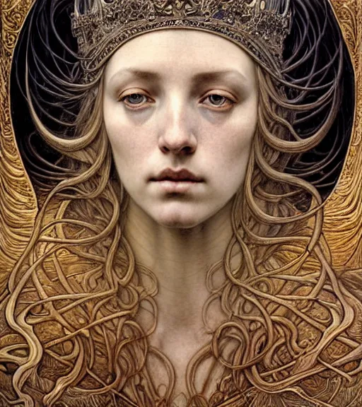 Image similar to detailed realistic beautiful young medieval queen face portrait by jean delville, gustave dore and marco mazzoni, art nouveau, symbolist, visionary, gothic, pre - raphaelite. horizontal symmetry by zdzisław beksinski, iris van herpen, raymond swanland and alphonse mucha. highly detailed, hyper - real, beautiful