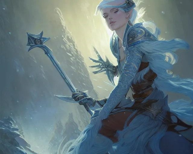 Image similar to frost sword, deep focus, d & d, fantasy, intricate, elegant, highly detailed, digital painting, artstation, concept art, matte, sharp focus, illustration, hearthstone, art by artgerm and greg rutkowski and alphonse mucha