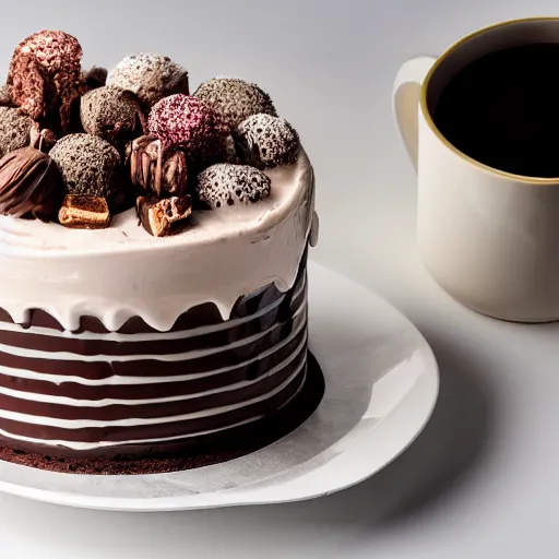 Prompt: cinematic dramatic lights movie shot of ultra realistic catalog photo of a cup full of sweet goloso pasticceria chocolate ice cream cake with a coffee - praline twist cream bigne in with rich details in luxury cup and plates