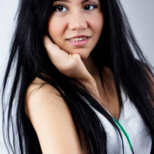 Prompt: young woman with long messy black hair, slightly smiling, 1 3 5 mm nikon portrait