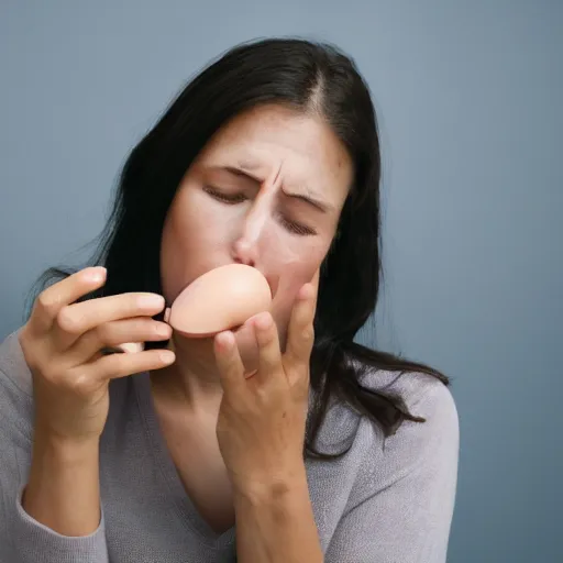 Prompt: a woman eating the last egg while looking sad, realistic photo,