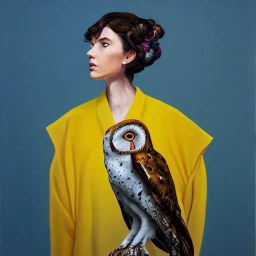 Prompt: head to shoulder portrait painting of an elegant top model wearing a yellow kimono with a very detailed barn owl on her shoulder by Simon Stålenhag