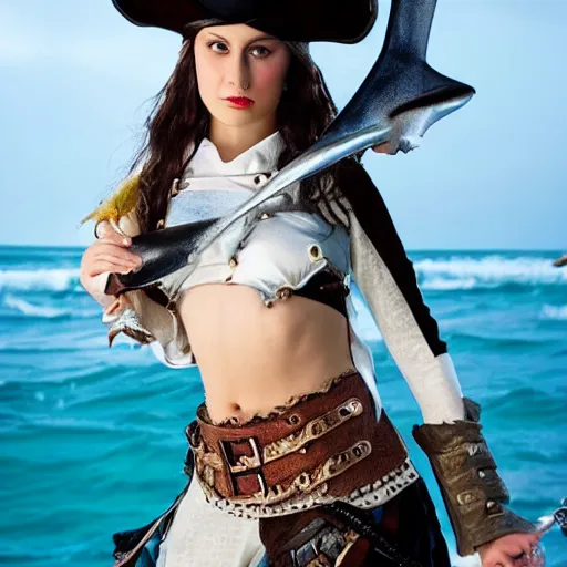 Image similar to a beautiful female swashbuckling pirate with shark skin, intricate, luminous,