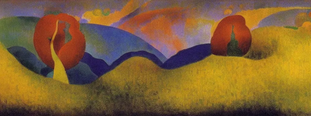 Image similar to An insane, modernist landscape painting. Wild energy patterns rippling in all directions. Curves, organic, zig-zags. Mountains, clouds. Rushing water. Waves. Psychedelic dream world. Odilon Redon. Andre Derain.