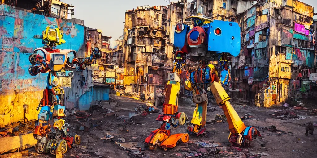 Image similar to colourful - damaged - giant mecha ROBOT of neon lit AJEGUNLE SLUMS of Lagos, markings on robot, Golden Hour,