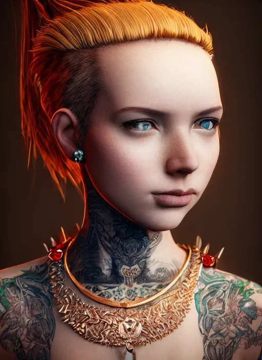 Prompt: a beautiful portrait of a beautiful girl with piercings in a collar with a mohawk hairstyle in a medieval dress, behance hd, oliver mark, global illumination, detailed and intricate environment