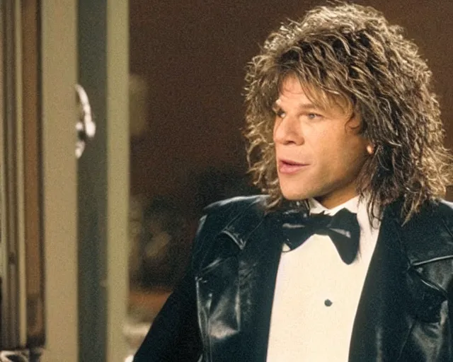 Prompt: movie still of Jon Bon jovi as Johnny in a scene from The Room, shot on Kodak 35mm film stock