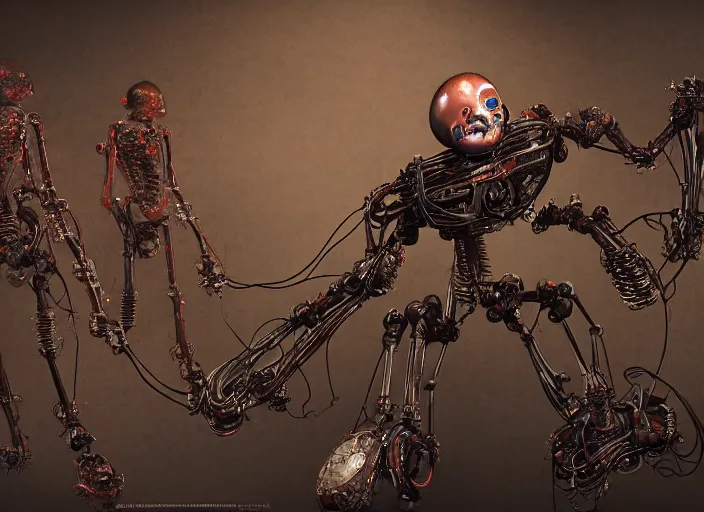 Image similar to Techno-biological rusty robot geisha consisting of veins, bones, kidneys, wires. Biopunk, body armor, high detail, photorealism, full length view, concept art, dark background, Dan Mumford, Quixel Megascans, octane render, 16k, 8k