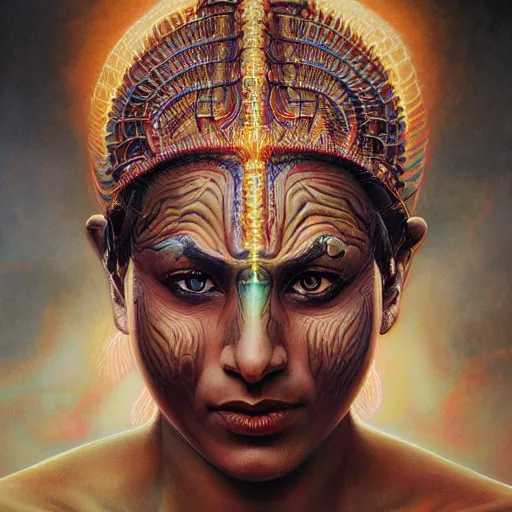 Prompt: hyperrealistic portrait of india mutated third eye opening god creature, cinematic, complex, highly atmospheric lighting, backlight, uplight, dramatic, trending on artstation, highly detailed, ornate, claudio bravo, alex grey, greg rutkowski, in the style of marvel comics, artgerm, frank bairstow, james cameron, ridley scott