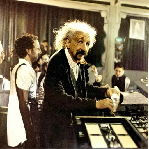 Image similar to color photograph of Albert Einstein DJ at a nightclub, in color, color photograph, colors