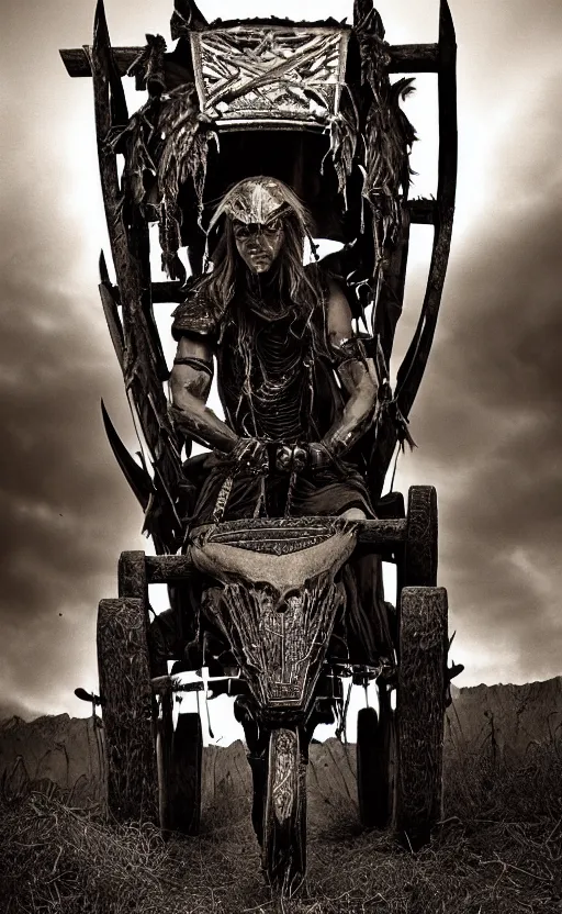 Prompt: vertical movie frame with shaman riding ancient wood buggy, hunting, armor inspired by diablo barbarian and fashion, strong blooded body, brutal blooded symmetrical face, epic, cinematic lighting, award winning, establishing shot, extremely high detail, photorealistic, brutal, provocative, natural lighting, octane render, old photo, vintage, black and white, sepia, old photography, documentary photography