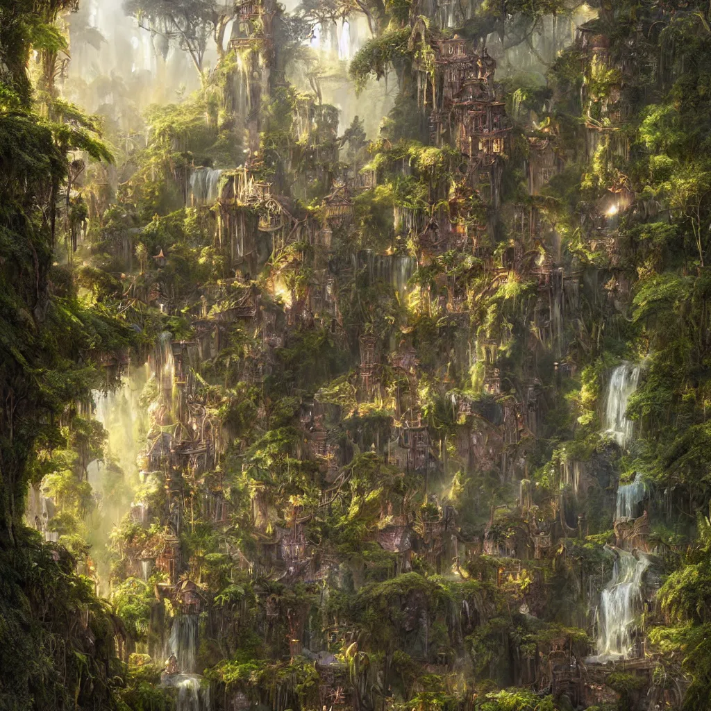 Image similar to fox in a fairy palace, castle towers, sunbeams, gothic towers, Japanese shrine waterfall, gold and gems, gnarly details, lush vegetation, forest landscape, painted by tom bagshaw, raphael lacoste, eddie mendoza, alex ross concept art matte painting