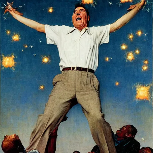 Prompt: a norman rockwell painting of norm macdonald catching stars falling out of the sky, his expression is that of disbelief